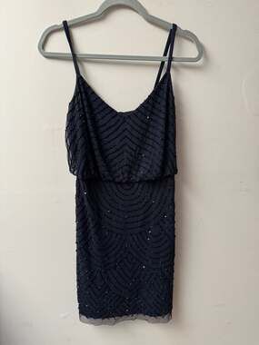 Adrianna Papell Navy Art Deco Beaded Blouson Mesh Mini Dress